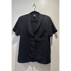 Vintage Oleg Cassini Linen Blouse Black Scalloped Button Front Short Sleeve